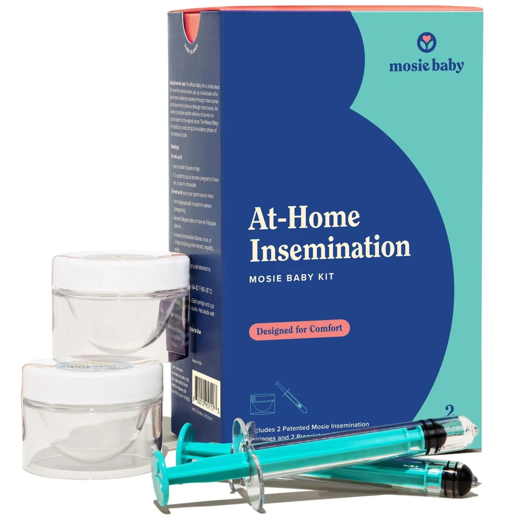 at-home insemination kit by Mosie Baby, featuring syringes and containers for comfort and convenience.