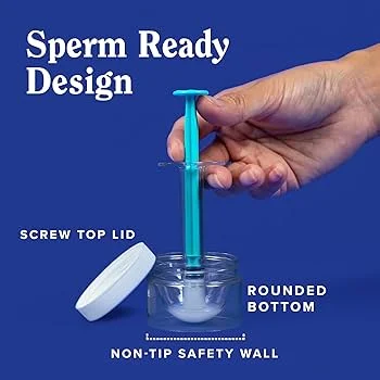 sperm-ready insemination kit with a syringe and container, featuring a screw top lid and non-tip safety wall