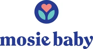 mosie baby logo featuring a heart and leaves in blue, pink, and green colors.