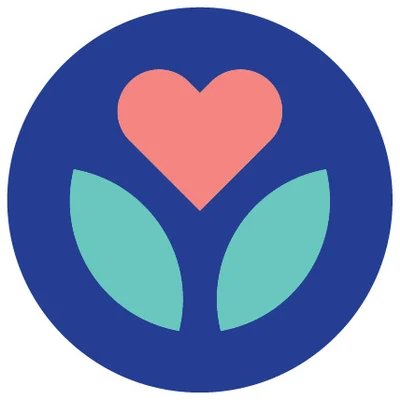 logo featuring a pink heart above two teal leaves on a blue circular background