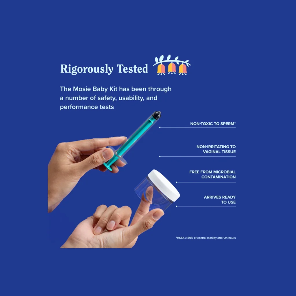Mosie Baby Kit features a syringe and container, highlighting safety and usability tests on a blue background.