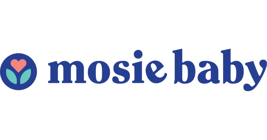 logo of mosie baby featuring a heart and leaf design in blue, pink, and green colors