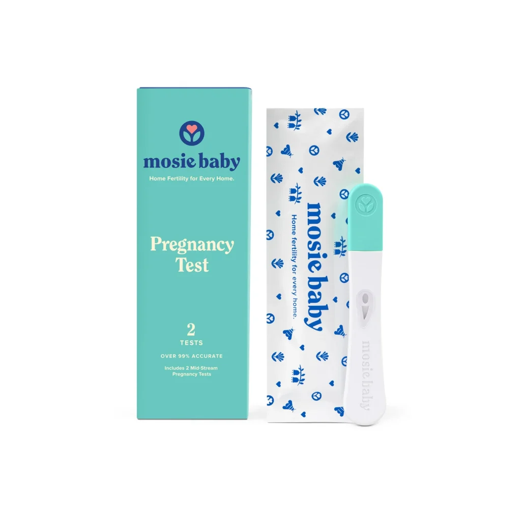 Mosie Baby pregnancy test kit with two tests and packaging, featuring a mint green color scheme.