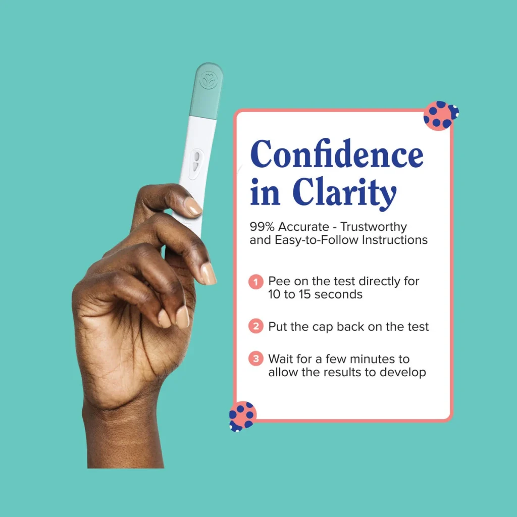 hand holding a pregnancy test with instructions on a colorful background