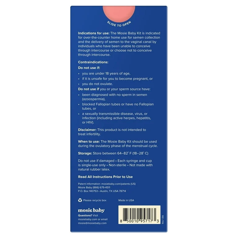 Mosie Baby At-Home Insemination Kit instructions and storage guidelines on a blue background.