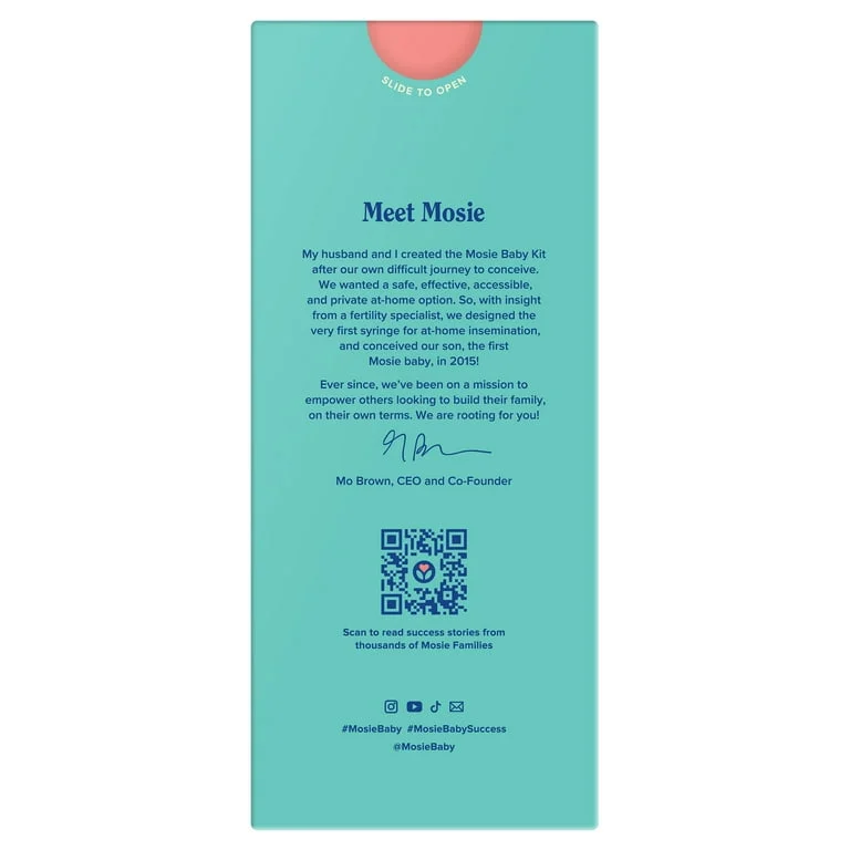 Informative card introducing the Mosie Baby Kit and its mission for at-home insemination.
