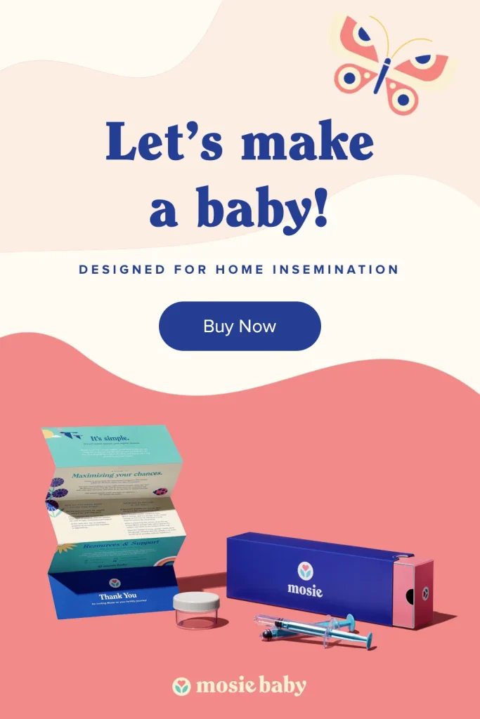 Colorful promotional image for Mosie Baby, featuring home insemination kit and encouraging text.