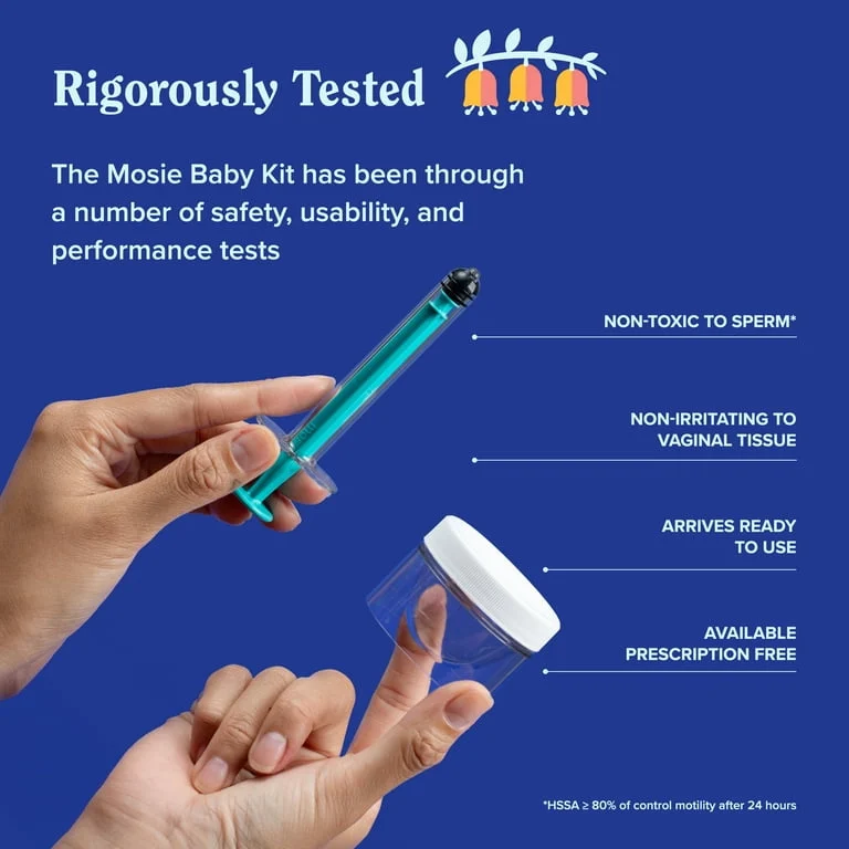 Mosie Baby Kit with a syringe and container, highlighting safety and usability features on a blue background.