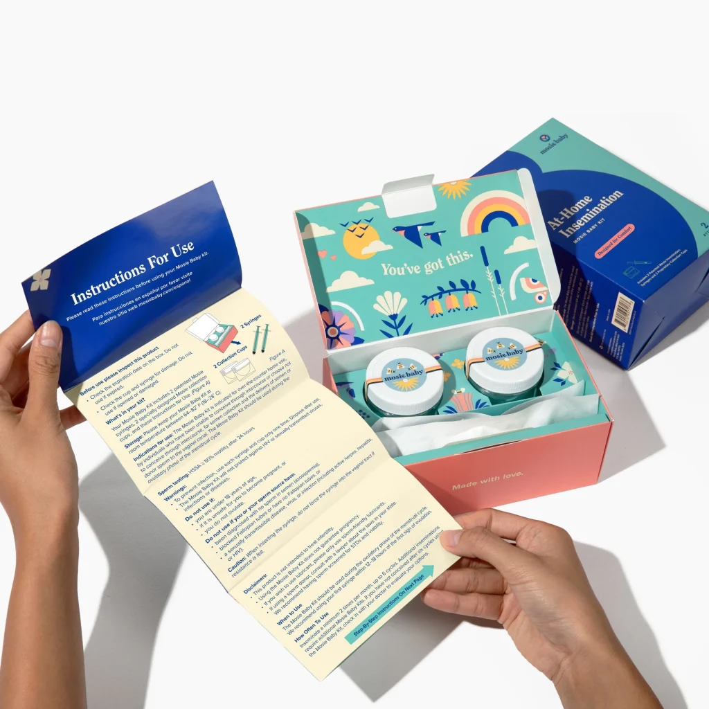 Home insemination kit by Mosie Baby with instructions and colorful packaging.