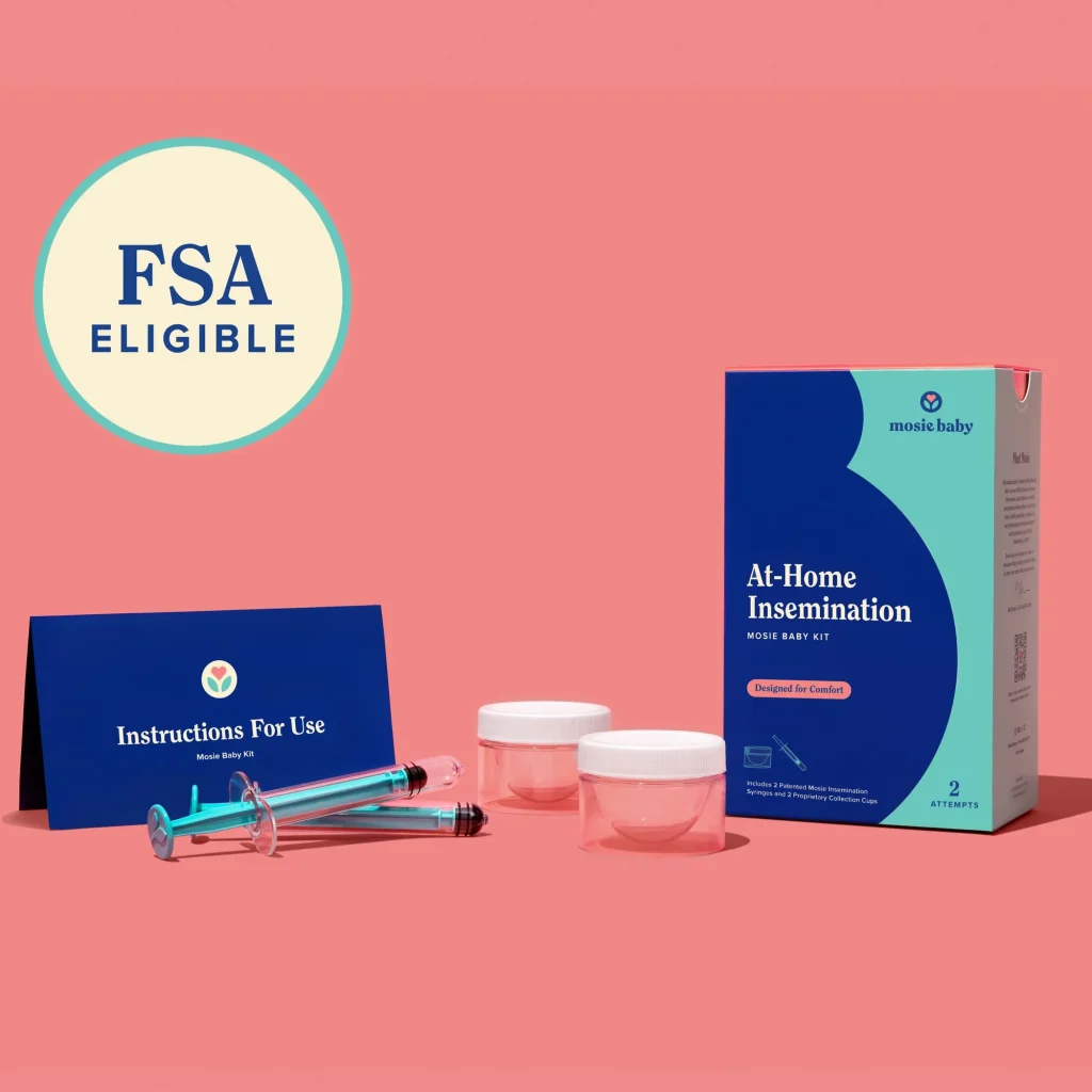 at-home insemination kit by Mosie Baby, featuring syringes, collection cups, and instructions on a pink background.